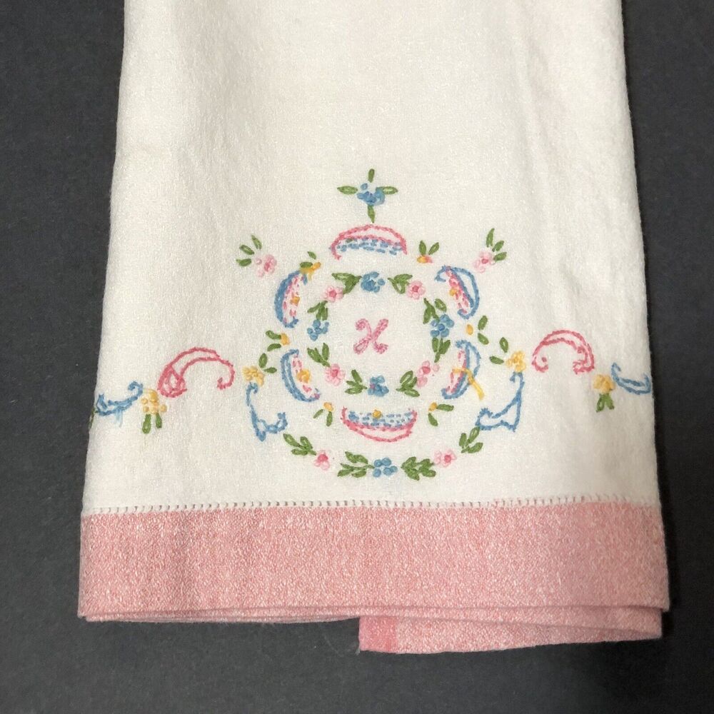 Vintage Tea Towel Set Monogram H K X Embroidered Tiny Flowers Pink Blue - Picture 2 of 16